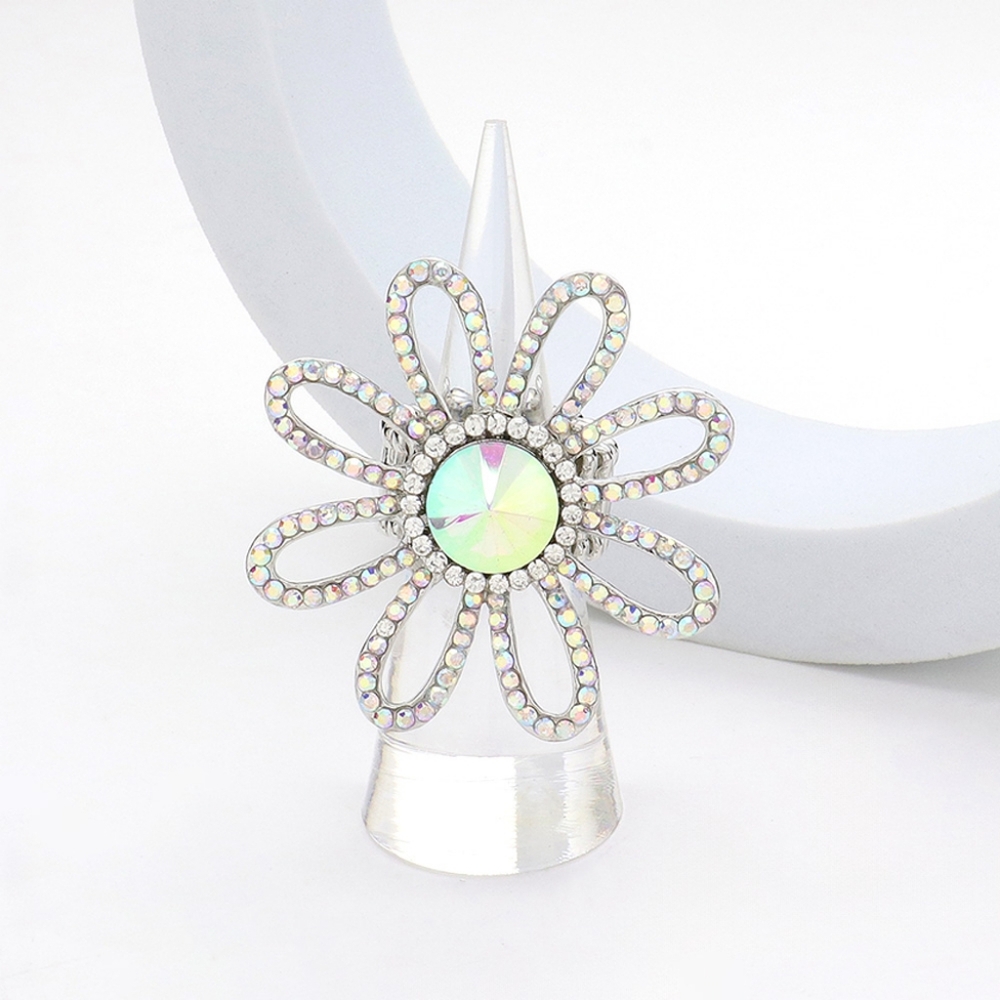 Abalone Stretch Rhinestone Crystal Flower Fashion Ring Finger Adjustable
